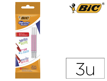 RECHARGE STYLO BIC GELOCITY ILLUSION ENCRE GEL EFFAABLE COLORIS ROUGE POCHETTE DE 3 UNITS